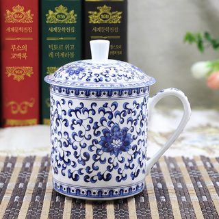 징더전 도자기 뚜껑 찻잔 301~400ml 청화백자 본차이나 사무실 회의용 컵