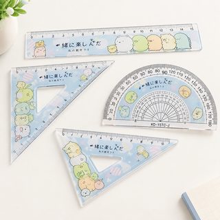 만화 학생 학용품 벽 모퉁이 생물 커버 자 각도기 삼각자 직척 4개 세트