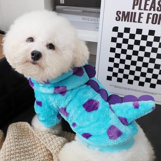 소형견 슈나우저 겨울 보온복 블루 도트 공룡 강아지 옷 리드줄 고리 플리