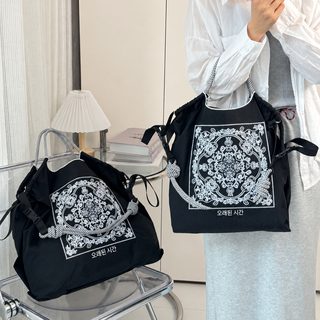 여성 자수 클러치 대용량 토트 나일론 크로스 접을 수 있는 휴대용 쇼핑백