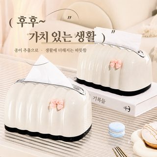 크림풍 귀여운 리본 장식 스프링 휴지케이스 티슈박스 거실 욕실용