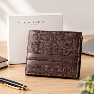 피에르루이 RFID 차단 남성용 PU 슬림 반지갑 브라운 선물 상자 포함