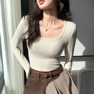 H235 신상 큰 U넥 티셔츠 여성 레깅스 티셔츠 긴팔 상의 낮은 칼라 안에 슬림