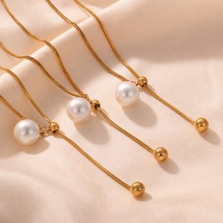 신상 여성 티타늄 스틸 골드 도금 볼 태슬 고광택 쉘펄 펜던트 목걸이 심플