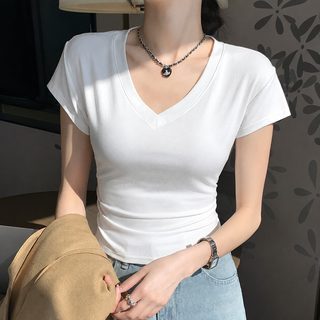여성 여름 반팔 V넥 슬림핏 셔링 티셔츠 허리라인 캐주얼 상의