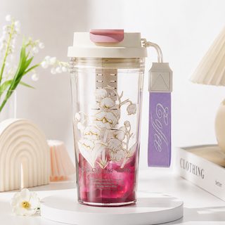 은방울꽃 빨대 플라스틱컵 550에서 600ml 밀폐 뚜껑 차망 손잡이