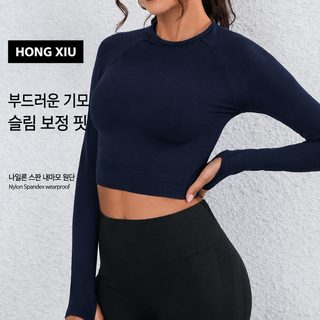 여성 심리스 요가복 긴팔 상의 흡습속건 하이웨이스트 운동 티셔츠 러닝 헬