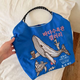 여성 고래 자수 나일론 토트백 숄더백 크로스백 접이식 쇼핑백