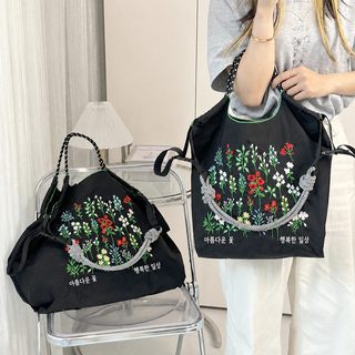 여성 화초 자수 쇼핑백 휴대용 가벼운 핸드백 에코백 빈티지 대용량 휴대용