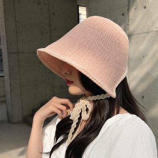 밀짚모자녀 풋풋한 여름 모래사장 짜임 해변 레이스 끈 휴가 자외선 차단