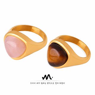 천연 로즈쿼츠 호안석 티타늄 스틸 커플 반지 복고풍 타원 원석 링