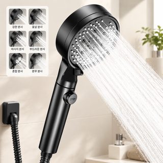 욕실 수압상승 샤워기 헤드 6단 분사 원터치 물멈춤