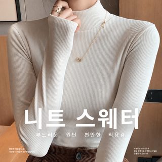 여성 반목 하이넥 니트 이너 슬림핏 긴팔 스웨터 스트라이프 데일리 상의