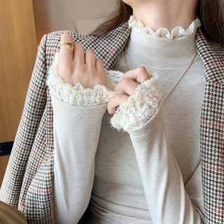 H270蕾丝拼接半高领打底衫女秋冬螺纹修身毛衣花边针织衫内搭上衣