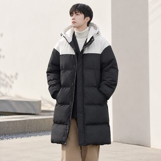 겨울 커플 롱 패딩 코트 남녀공용 오버핏 무릎기장 방풍 후드 배색 두꺼운