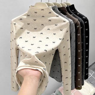 H578半高领洋气内搭打底衫修身上衣显瘦蝴蝶结碎花长袖女厂家直销