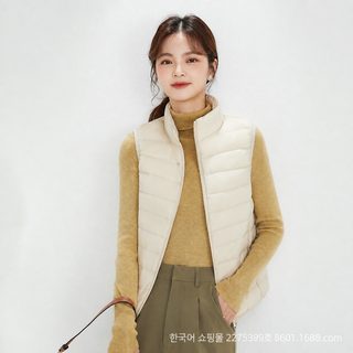 2024 가을 겨울 신상 칼라 민소매 얇고 가벼운 조끼 패딩 여자 쇼트 사이즈