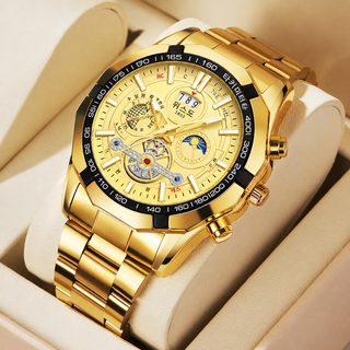 WLISTH 남성 비즈니스 쿼츠 시계 야광 방수 스테인리스 스틸 캘린더 47mm