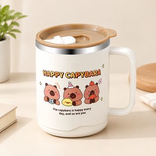 스테인리스 이중 보온 머그컵 500ml 뚜껑 손잡이 사무실 커피잔