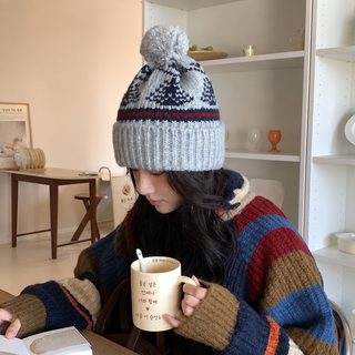 겨울 두꺼운 보온 모자 여자 귀여운 큰 털 공 비니 큰 머리 두르다 한국판