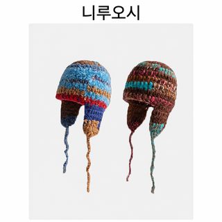 여성 한국스타일 수제 무지개 배색 니트 귀달이 털모자 겨울 방한 끈 달린
