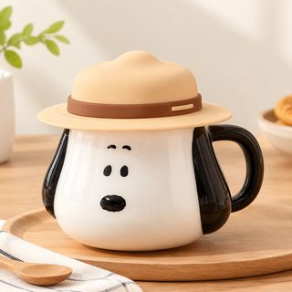 귀여운 강아지 캐릭터 도자기 머그컵 500ml 모자 뚜껑 손잡이형