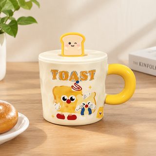 귀여운 토스트 캐릭터 뚜껑 도자기 머그컵 400ml