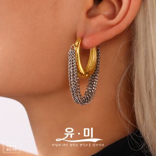 여성 스테인리스 스틸 다층 체인 태슬 귀걸이 PVD 도금 투톤 실버 컬러