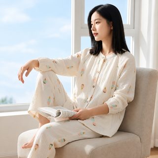 순면 4층 거즈 임산부 잠옷 봄가을겨울 두꺼운 월자복 전면 임신기 산후 포
