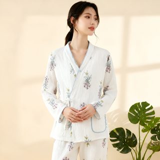 여성 100% 순면 거즈 긴팔 기모노 잠옷 세트 임산부 산후 수유복 여름 얇은