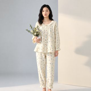 MIANDUONI 임산부 순면 이중 거즈 플라워 수유 잠옷 긴팔 상하세트 봄 여름 가