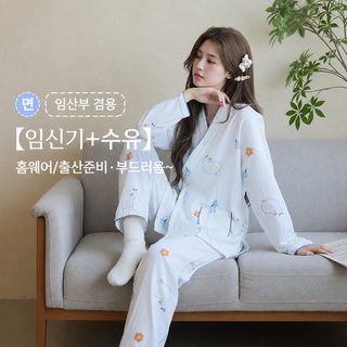순면 산후복 여름 얇은 이층 거즈 일계 기모노 가정복 세트 춘추 산후 포유