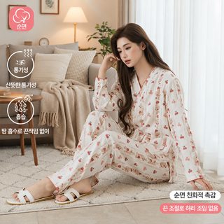 신상 유아사 순면 이중 거즈 잠옷 여자 봄 가을 임신 조절 산후 포유 잠옷