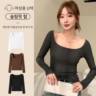 H869 나사 큰 U넥 긴팔 상의 여성용 봄 슬림 티셔츠 가볍고 심플한 캐주얼 레