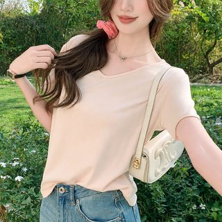 여성 여름 브이넥 반팔 티셔츠 루즈핏 무지 캐주얼 데일리 빅V넥 상의