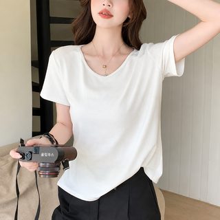 H783 루즈하고 나른한 바람 단색 큰 v 칼라 느낌 반팔 여성 티셔츠 여름 신상