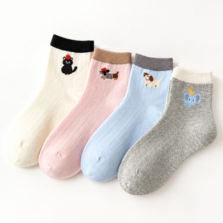 여성용 강아지 캐릭터 면 양말 봄여름 무봉제 배색 발목양말 버켄 슈즈 코