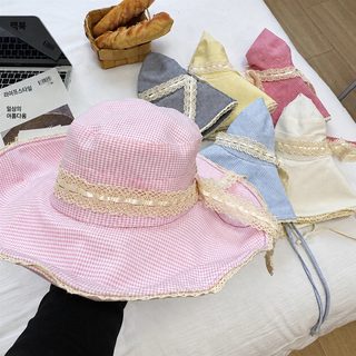 체크 레이스 스트랩 와이드챙 버킷햇 여성 봄여름 자외선 차단 햇빛가리개
