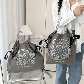 블루보틀 가방 여름용 여성 백합 자수 수납백 쇼핑백 얇고 가벼운 캔버스 가방 대용량 숄더 여성 가방