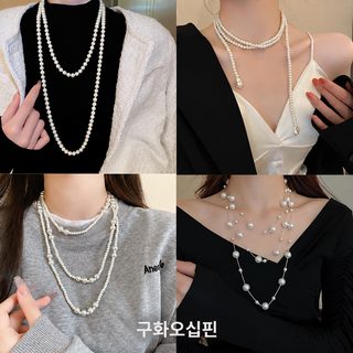 여성 진주 롱목걸이 니트 체인 목걸이 기하학 패턴 데일리 레이어드 액세서