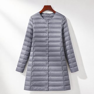 新款羽绒服女轻薄中长款时尚韩版显瘦白鸭绒按扣圆领保暖内胆外套
