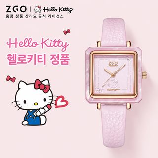 ZGO 정항 산리오 헬로키티 여성용 사각 미니 다이얼 가죽밴드 30M 방수 쿼츠
