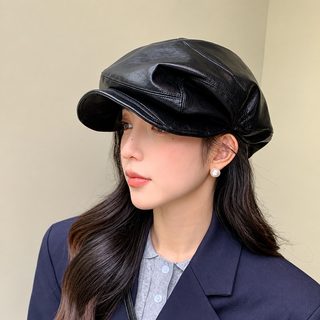 소규모 디자인 감각 불규칙 주름 PU 베레모 자녀 빈티지 가죽 팔각모 패션
