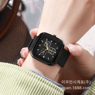 여성 사각 손목시계 쿼츠 시계 고무 스트랩 24시간 표시 미니멀 패션 데일리