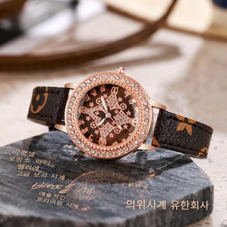 여성용 별 큐빅 빈티지 모노그램 인조가죽 밴드 패션 쿼츠 손목시계 7139