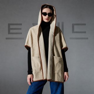 여성 겨울 체크 후드 숄 판초 74x90cm 베이지 보온 데일리 머플러