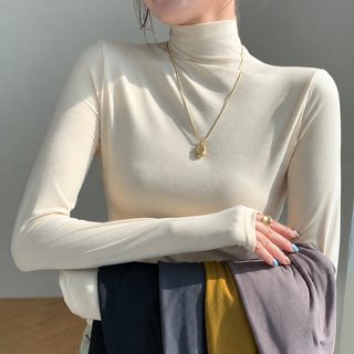 여성 반하이넥 마스크 기모 티셔츠 슬림핏 보온 긴팔 이너 상의