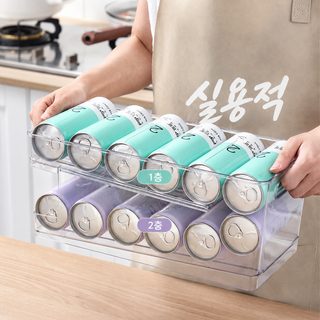PET 2층 자동 굴러 음료수 박스 맥주 사이다 캔 냉장고 수납함 캔 음료 수납