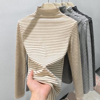 여성 스트라이프 반폴라 긴팔 티셔츠 데일리 레이어드 이너 상의