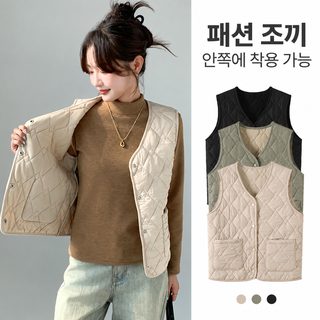 여성 겨울 기모 포켓 조끼 브이넥 루즈핏 숏 베스트 데일리 레이어드 보온